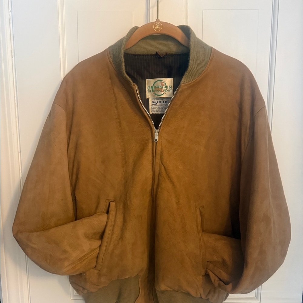 Men's Real Suede Brown Bomber Jacket with Sage Ribbed Collar, Quince - esque (S)
